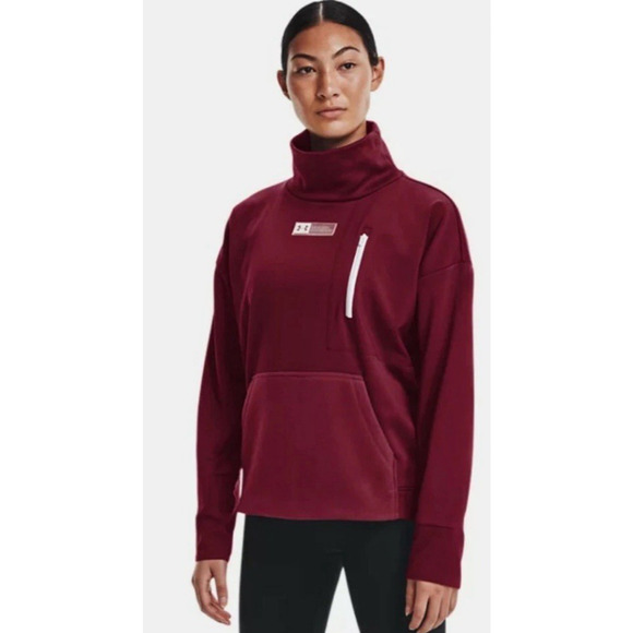 Under Armour Sweatshirt Large Loose Womens Funnel Neck Burgundy Red Running - Picture 1 of 13